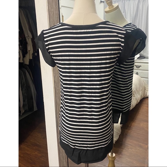 Premise | Striped Sheer Edge Longline Black & White Tee Shirt Blouse - Picture 3 of 11